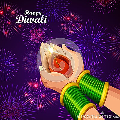 Illustration of lady holding burning Diya on Diwali Holiday background Stock Photo