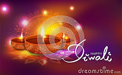 Diwali, celebration, oil lamp decoration with floral mandala Hindu creative style, light shiny festival blur background vector il Vector Illustration