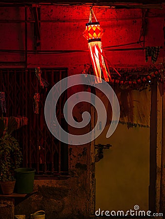 Diwali decorative lamps/Akash Kandil/Lantern lights hanging outside traditional indian home/chawl Stock Photo