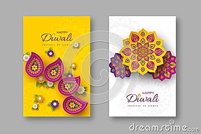 Diwali festival holiday posters with paper cut style of Indian Rangoli and flowers. Purple, violet colors on white and Vector Illustration