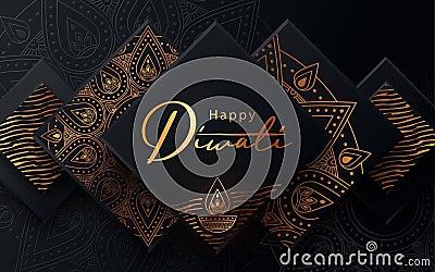 Diwali festival modern luxury design in paper cut style with golden pattern and oil lamp on black textured background. Vector Illustration