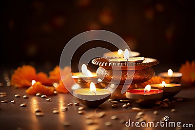 Diwali Festive Glow with Clay Diyas Stock Photo