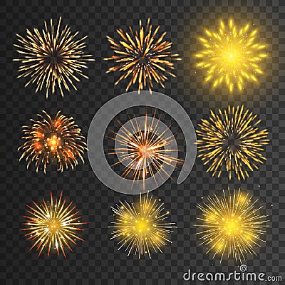 Diwali firework. Light sparkle. New Year fire explosion. Victory salute. Christmas flashes. Holiday celebration Vector Illustration