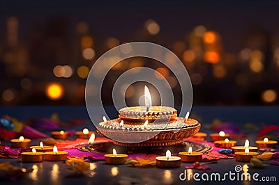 Diwali glowing Diya or oil lamp over colorful Rangoli background - Ai Generated Stock Photo