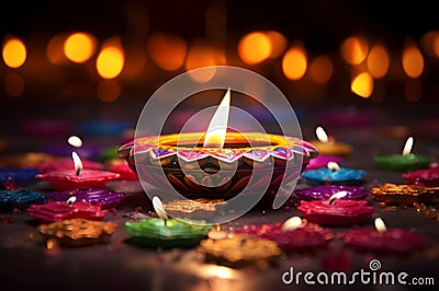 Diwali glowing Diya or oil lamp over colorful Rangoli background - Ai Generated Stock Photo