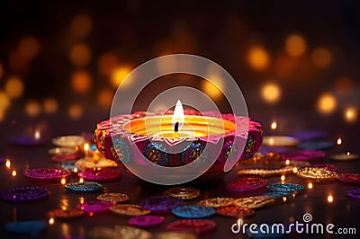 Diwali glowing Diya or oil lamp over colorful Rangoli background - Ai Generated Stock Photo