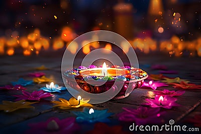 Diwali glowing Diya or oil lamp over colorful Rangoli background - Ai Generated Stock Photo