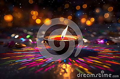 Diwali glowing Diya or oil lamp over colorful Rangoli background - Ai Generated Stock Photo