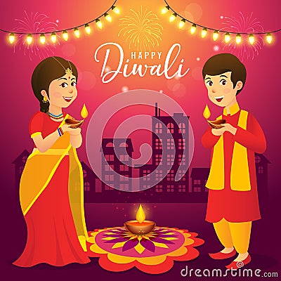 Diwali greeting card with cartoon indian kids Vector Illustration