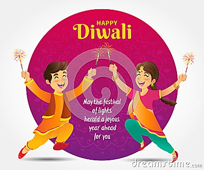 Diwali greeting card with cartoon indian kids Vector Illustration