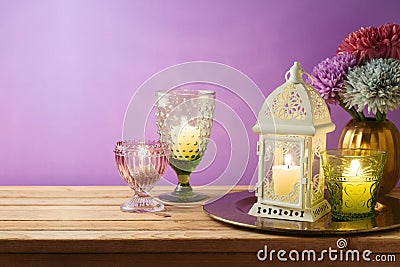 Diwali holiday concept with candles decoration on wooden table Stock Photo