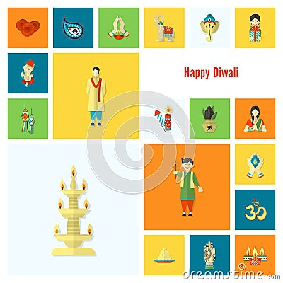 Diwali. Indian Festival Icons Vector Illustration