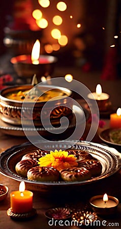 Diwali oil lamp. Diwali festive sweets. generative ai. AI generated Stock Photo