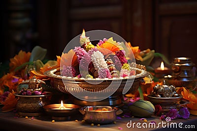 Diwali puja thali with religious offerings and Stock Photo