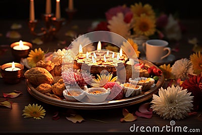 Diwali puja thali with religious offerings and Stock Photo