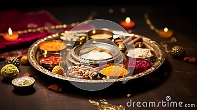 Diwali puja thali with sacred symbols Stock Photo