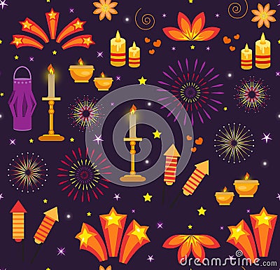 Diwali seamless pattern, india holiday lights repeating texture. Vector illustration background Vector Illustration
