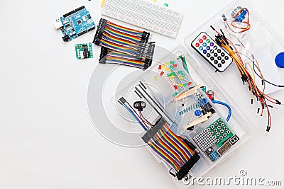 DIY arduino. Flat layout on white background, copy space. Electronic workshop components. Stock Photo