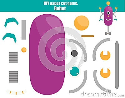 DIY children educational creative game. Make a robot with scissors and glue. Paprecut activity. Creative printable tutorial for ki Vector Illustration