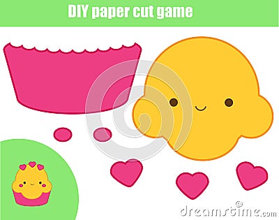 DIY children educational creative game. Paper cutting activity. Make a cute cupcake with glue and scissors Vector Illustration