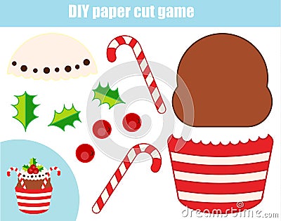 DIY children educational creative game. Paper cutting activity. Make a New Year, Christmas cupcake with glue Vector Illustration