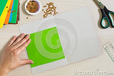 DIY concept. How to make Christmas card. New Year idea for children. Stock Photo