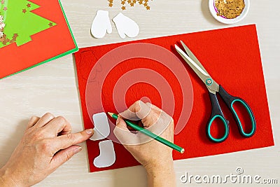 DIY concept. How to make Christmas card. New Year idea for children. Stock Photo