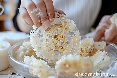 diy crafting with a person making a loofah soap at home Stock Photo