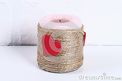Diy decor on February 14th. A gift and a candle for Valentine`s Day do-it-yourself Stock Photo