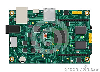 DIY electronic mega board with a microprocessor, interfaces, LEDs, connectors, and other electronic components, to form Vector Illustration