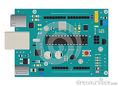 DIY electronic mega board with a microprocessor, interfaces, LEDs, connectors, and other electronic components, to form Vector Illustration