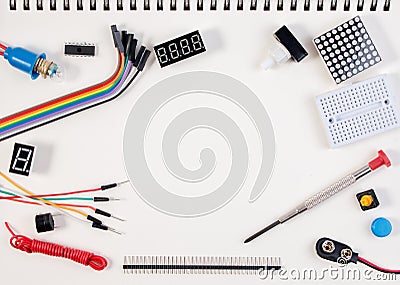 DIY Electronic Kit , Robot made on base of micro controller with variety of sensor and tools. Closeup. Stock Photo