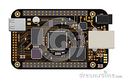 DIY electronic mega board with a micro-controller, LEDs, connectors, and other electronic components. Vector Illustration