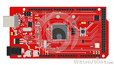 DIY electronic mega board with a microprocessor, interfaces, LEDs, connectors, and other electronic components, to form Vector Illustration
