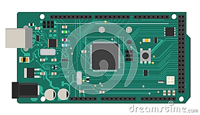 DIY electronic mega board with a microprocessor, interfaces, LEDs, connectors, and other electronic components, to form Vector Illustration