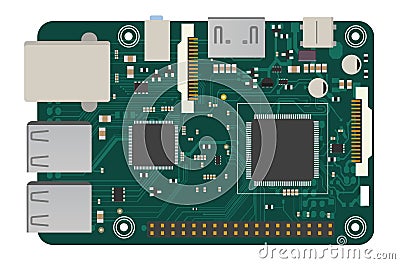 DIY electronic mega board with a microprocessor, interfaces, LEDs, connectors, and other electronic components, to form Vector Illustration