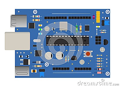 DIY electronic mega board with a microprocessor, interfaces, LEDs, connectors, and other electronic components, to form Vector Illustration