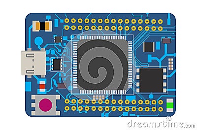 DIY electronic mini board with a micro-controller, LEDs, connectors, and other electronic components. Vector Illustration