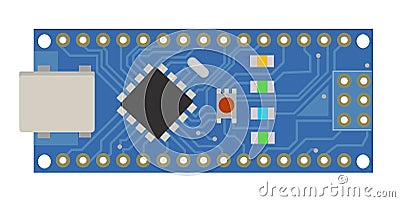 DIY electronic mini board with a micro-controller, LEDs, connectors, and other electronic components, to form the basic Vector Illustration