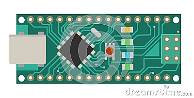DIY electronic mini board with a micro-controller, LEDs, connectors, and other electronic components, to form the basic Vector Illustration