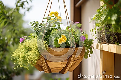 diy garden project with a hanging basket, planter, and greenery Stock Photo