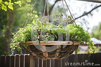 diy garden project with a hanging basket, planter, and greenery Stock Photo