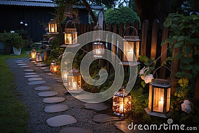 diy garden project with intricate walkway and lanterns Stock Photo