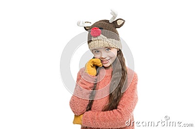 Diy and handmade handcrafted goods. Playful cutie. Adorable baby wear cute winter knitted deer hat. Cute reindeer with Stock Photo