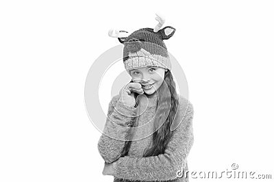 Diy and handmade handcrafted goods. Playful cutie. Adorable baby wear cute winter knitted deer hat. Cute reindeer with Stock Photo