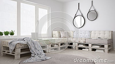 DIY pallet couch sofa, scandinavian white living, interior design Stock Photo