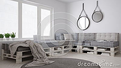 DIY pallet couch sofa, scandinavian white living, interior design Stock Photo