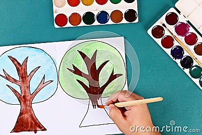 Diy paper tree four seasons summer, autumn, winter, spring. Tree 4 season. Childrens creativity Stock Photo