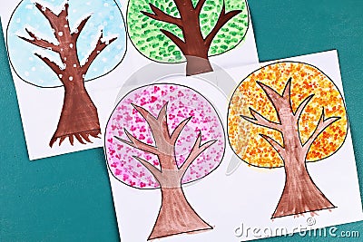 Diy paper tree four seasons summer, autumn, winter, spring. Tree 4 season. Childrens creativity Stock Photo