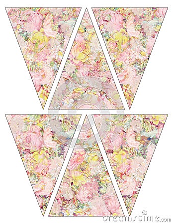 DIY Printable shabby chic Vintage style banner bunting garland flags with vintage pink and yellow roses Stock Photo